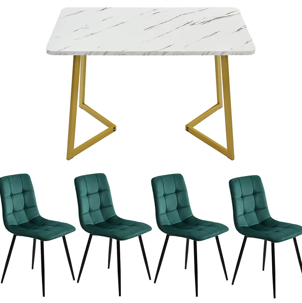 Ensemble table et chaises 117x75x75 cm rectangulaire avec 4 chaises assise rembourrée, pieds métal doré