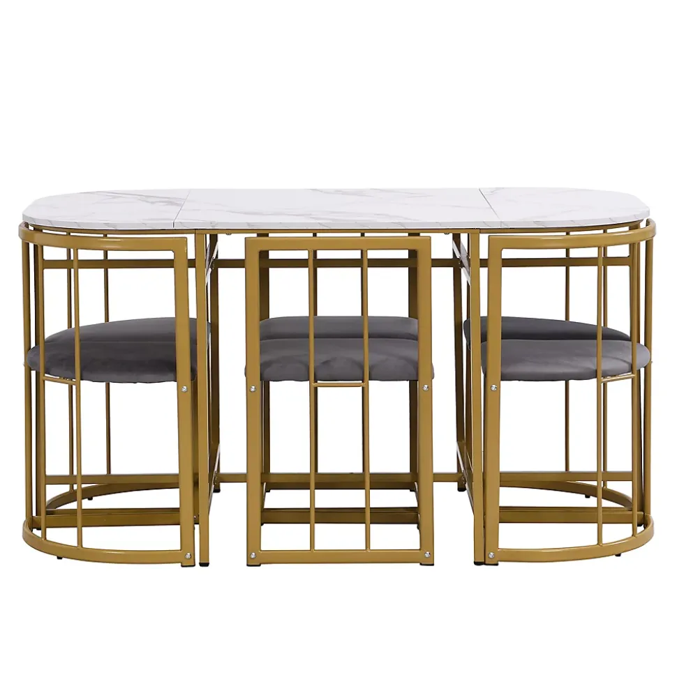 Ensemble table et chaises 140x90x75 cm avec 6 chaises, table rectangulaire en MDF et structure métal doré
