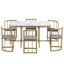Ensemble table et chaises 140x90x75 cm avec 6 chaises, table rectangulaire en MDF et structure métal doré