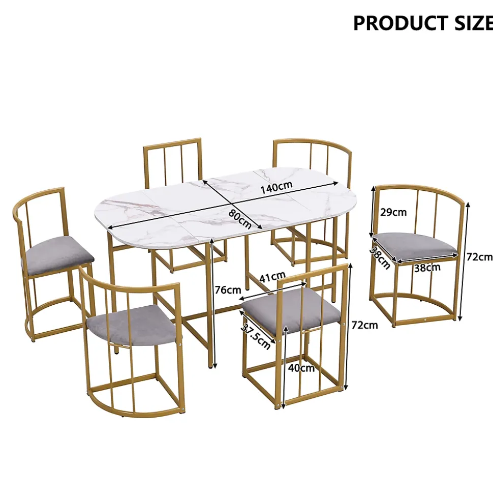 Ensemble table et chaises 140x90x75 cm avec 6 chaises, table rectangulaire en MDF et structure métal doré