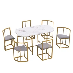 Ensemble table et chaises 140x90x75 cm avec 6 chaises, table rectangulaire en MDF et structure métal doré