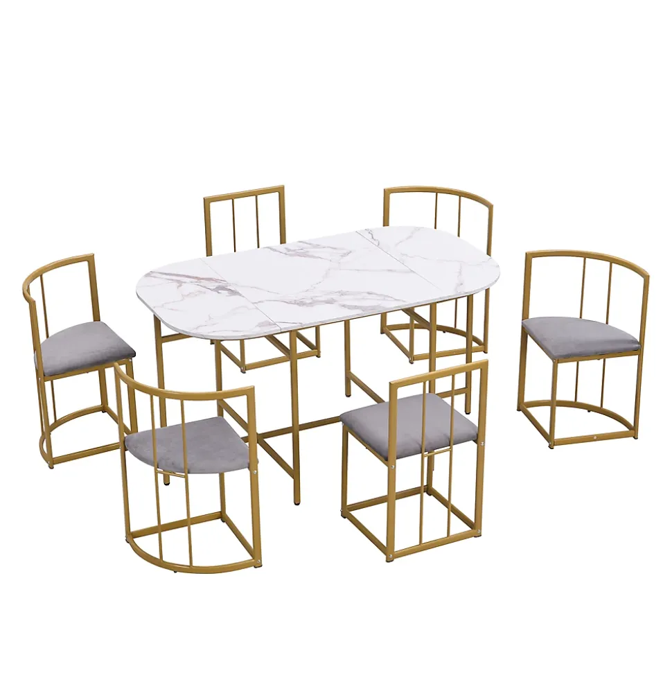Ensemble table et chaises 140x90x75 cm avec 6 chaises, table rectangulaire en MDF et structure métal doré