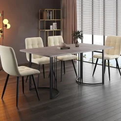 Ensemble Table et Chaises - Table Rectangulaire avec 4 Chaises Rembourrées en Velours, Métal et MDF, Gris/Beige - 140x80x75 cm