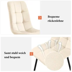 Ensemble Table et Chaises - Table Rectangulaire avec 4 Chaises Rembourrées en Velours, Métal et MDF, Gris/Beige - 140x80x75 cm