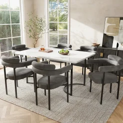 Ensemble table et chaises 140x80x75 cm avec 6 chaises table rectangulaire, structure métal et assise velours