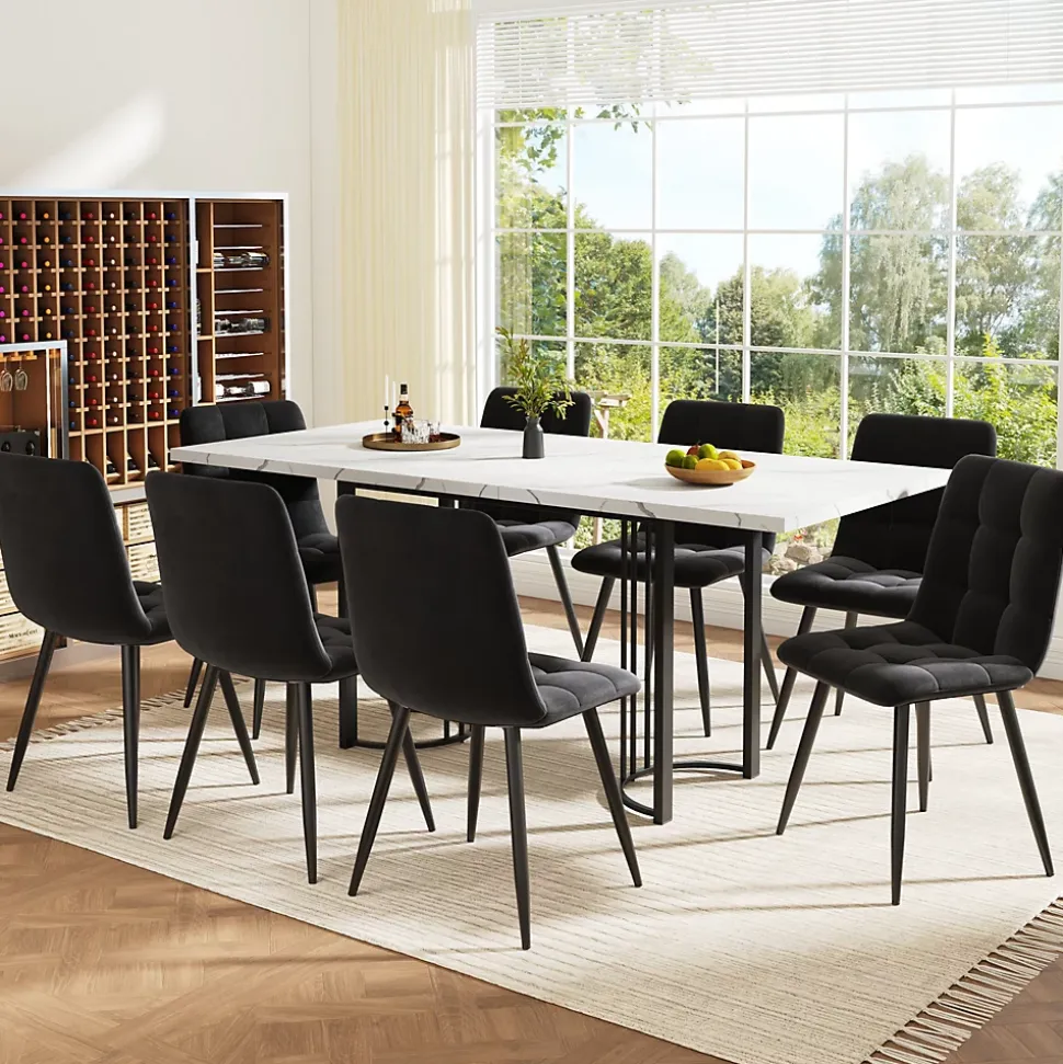 Ensemble table et chaises extensible 140x80x75,5 cm avec 8 chaises en velours et structure métal, style moderne