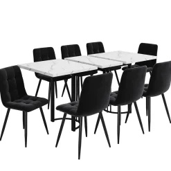 Ensemble table et chaises extensible 140x80x75,5 cm avec 8 chaises en velours et structure métal, style moderne