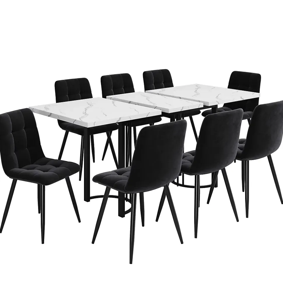 Ensemble table et chaises extensible 140x80x75,5 cm avec 8 chaises en velours et structure métal, style moderne