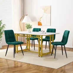 Ensemble Table et Chaises, Table Rectangulaire en MDF avec 4 Chaises en Velours, Style Moderne, Blanc et Vert Foncé, 120x70 cm