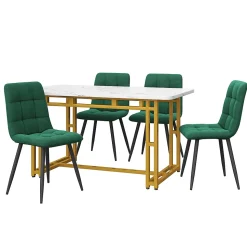 Ensemble Table et Chaises, Table Rectangulaire en MDF avec 4 Chaises en Velours, Style Moderne, Blanc et Vert Foncé, 120x70 cm