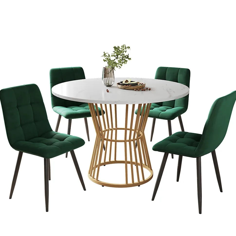 Ensemble table et chaises 100x100x75 cm table ronde avec 4 chaises assise rembourrée structure métal doré
