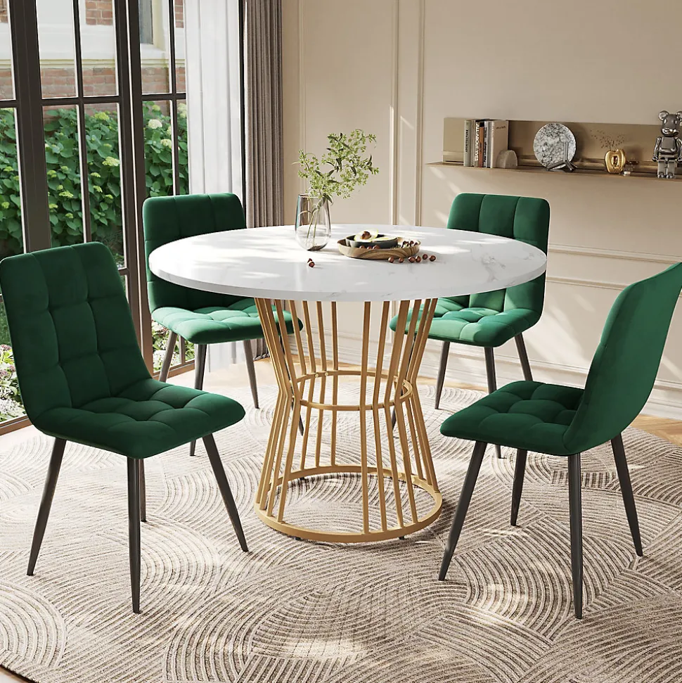 Ensemble table et chaises 100x100x75 cm table ronde avec 4 chaises assise rembourrée structure métal doré