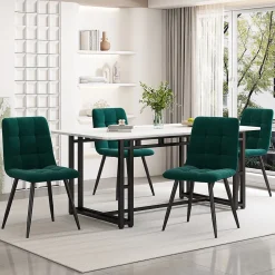 Ensemble Table et Chaises - Table Rectangulaire en MDF avec 4 Chaises en Velours, Pieds Métal Noir - Blanc et Vert Foncé
