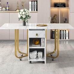 Ensemble table et chaises 150x80x76 cm avec 4 chaises rembourrées velours, plateau MDF blanc et pieds métal