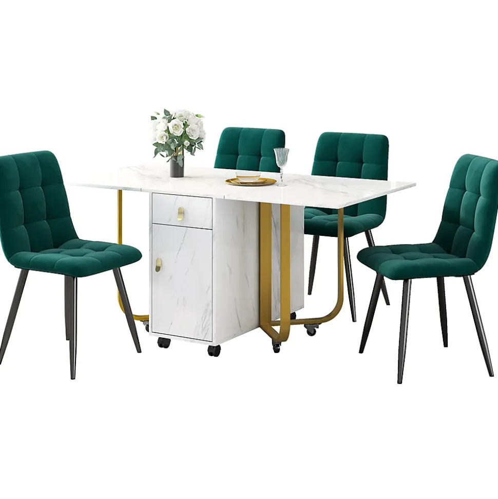 Ensemble table et chaises 150x80x76 cm avec 4 chaises rembourrées velours, plateau MDF blanc et pieds métal