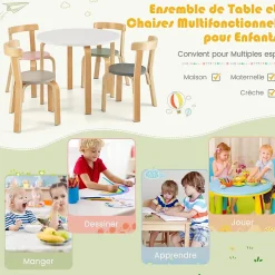 Ensemble Table et Chaises5 PCS pour Enfants en Bois de Peuplier avec Dossier Incurvé Surface Imperméable Multicolore
