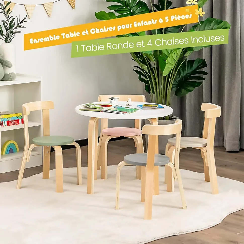 Ensemble Table et Chaises5 PCS pour Enfants en Bois de Peuplier avec Dossier Incurvé Surface Imperméable Multicolore