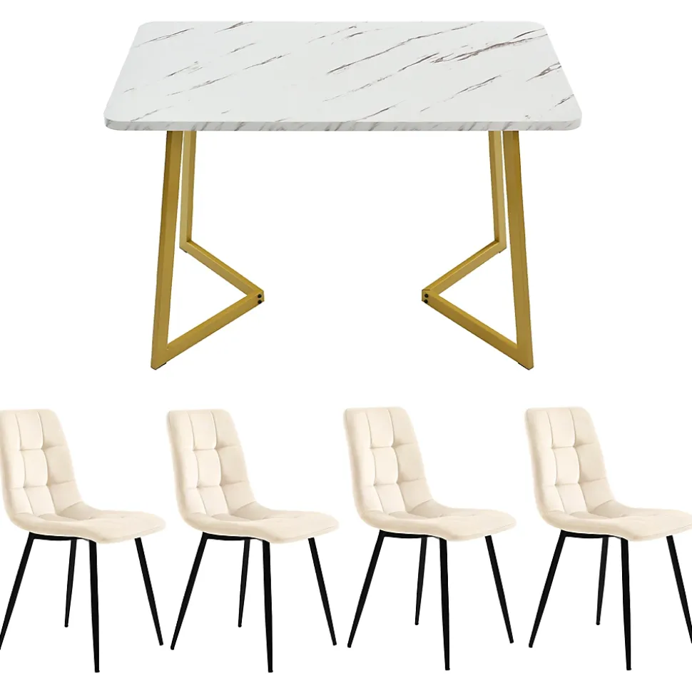 Ensemble table et chaises 117x75x75 cm table rectangulaire avec 4 chaises assise rembourrée, pieds métal doré