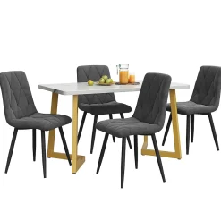 Ensemble Table et Chaises, Rectangulaire et Chaises Velours, Pieds Métal Doré, MDF, 117x68x75 cm, Blanc & Gris Foncé