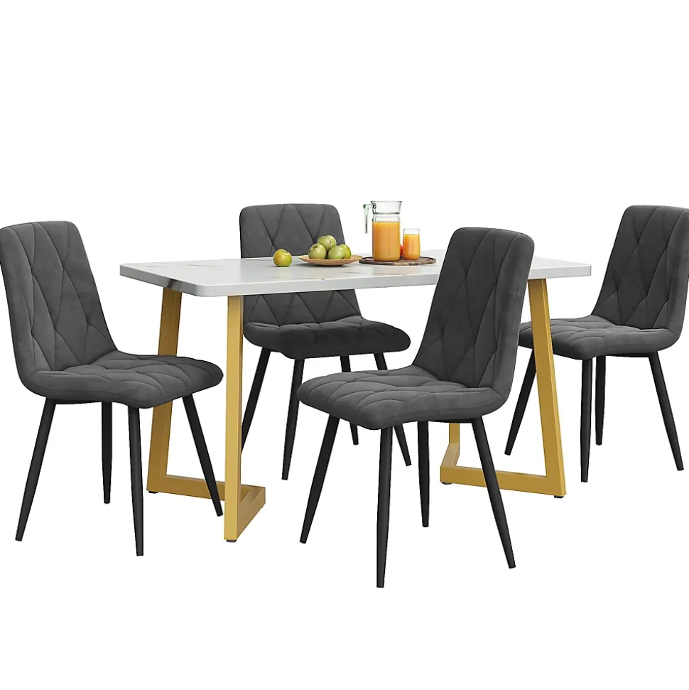 Ensemble Table et Chaises, Rectangulaire et Chaises Velours, Pieds Métal Doré, MDF, 117x68x75 cm, Blanc & Gris Foncé