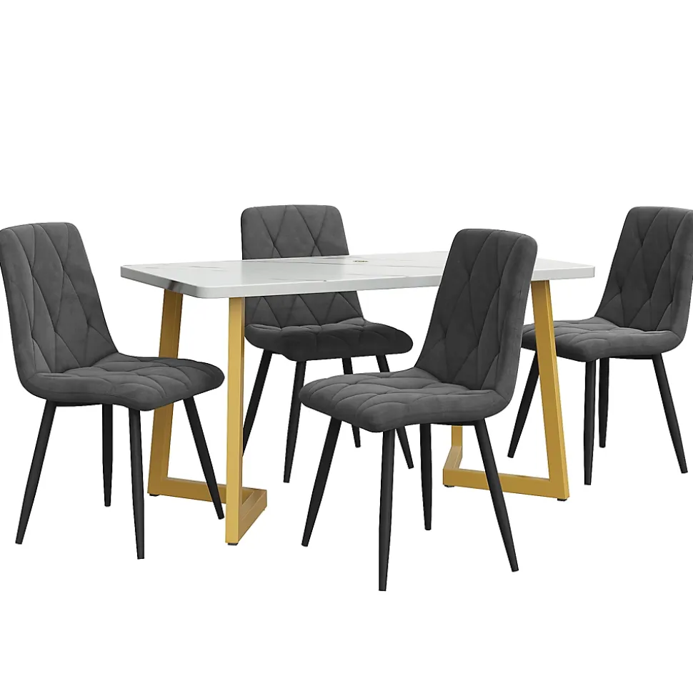 Ensemble Table et Chaises, Rectangulaire et Chaises Velours, Pieds Métal Doré, MDF, 117x68x75 cm, Blanc & Gris Foncé