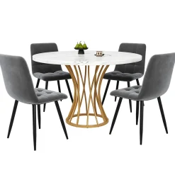 Ensemble table et chaises 80x80x76 cm avec 4 chaises, table carrée plateau effet marbre, assise velours
