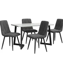 Ensemble Table et Chaises - Rectangulaire MDF avec 4 Chaises Velours, Pieds Métal Noir, Blan/Gris Foncé, 117x68x75 cm