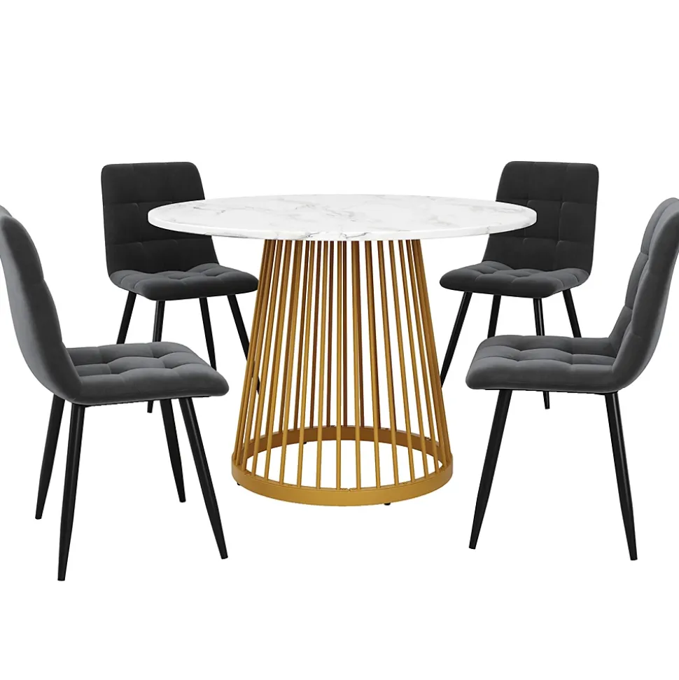 Ensemble table et chaises 80x76 cm avec 4 chaises, table ronde plateau effet marbre et chaises en velours