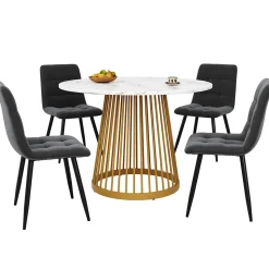 Ensemble table et chaises 80x76 cm avec 4 chaises, table ronde plateau effet marbre et chaises en velours