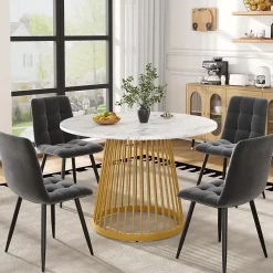 Ensemble table et chaises 80x76 cm avec 4 chaises, table ronde plateau effet marbre et chaises en velours