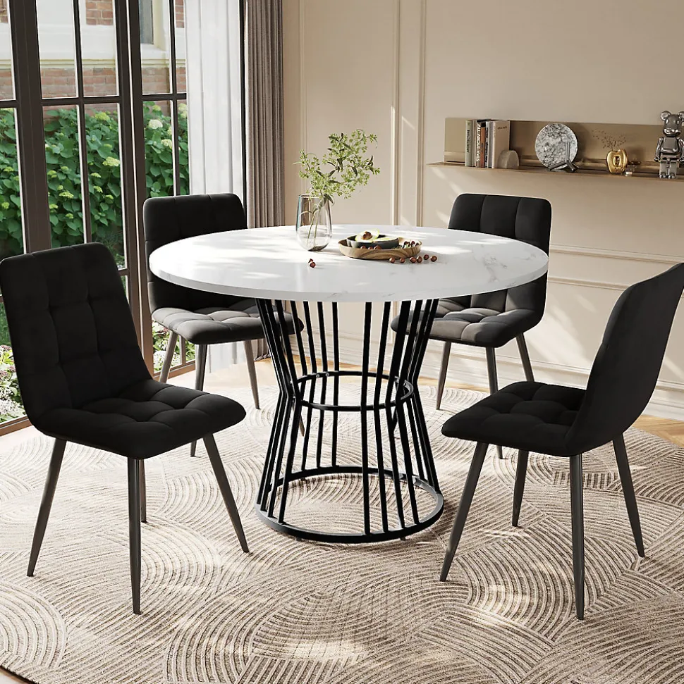 Ensemble table et chaises 100x75 cm table ronde plateau MDF marbré avec 4 chaises velours et structure métal