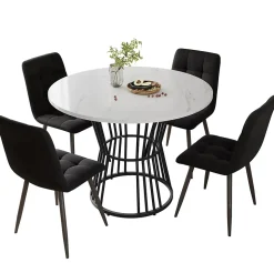 Ensemble table et chaises 100x75 cm table ronde plateau MDF marbré avec 4 chaises velours et structure métal