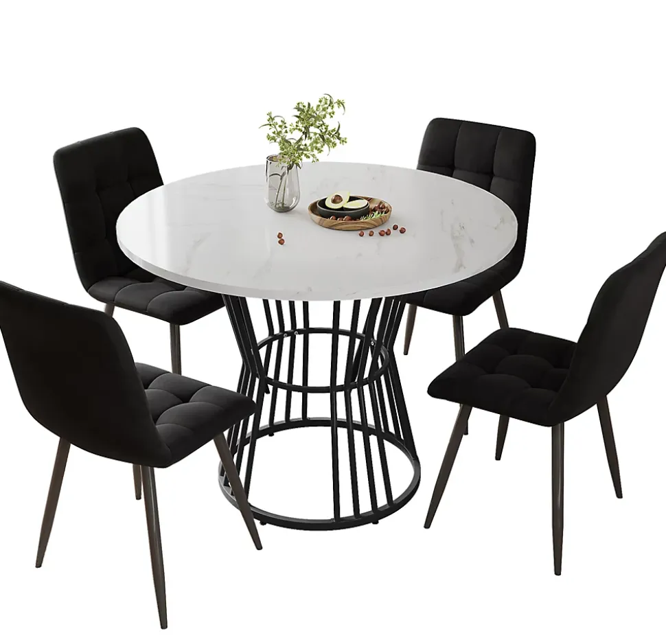 Ensemble table et chaises 100x75 cm table ronde plateau MDF marbré avec 4 chaises velours et structure métal