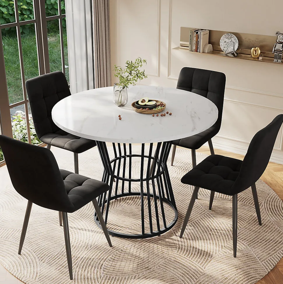 Ensemble table et chaises 100x75 cm table ronde plateau MDF marbré avec 4 chaises velours et structure métal