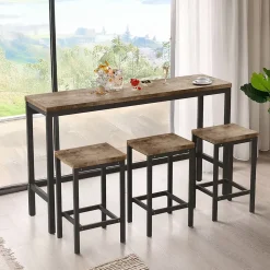 Ensemble table et chaises 148x40x90 cm longue avec 3 tabourets MDF, structure métal, finition naturelle