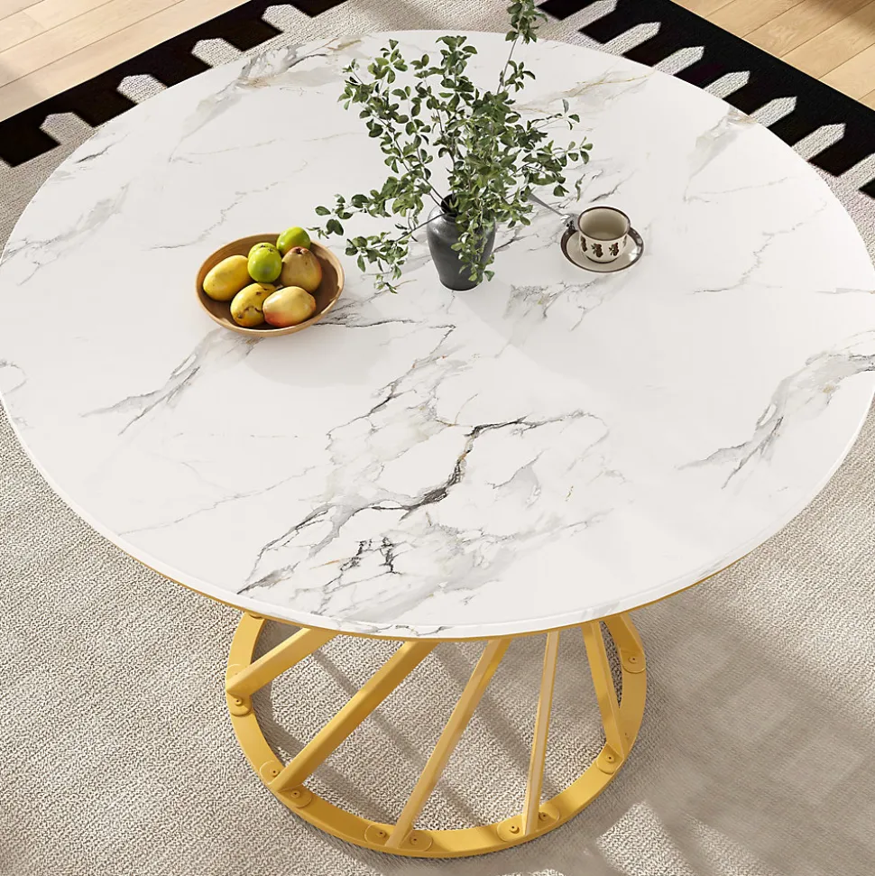 Ensemble table et chaises 80x76 cm table ronde avec 4 chaises en velours plateau MDF effet marbre structure métal