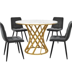 Ensemble table et chaises 80x76 cm table ronde avec 4 chaises en velours plateau MDF effet marbre structure métal