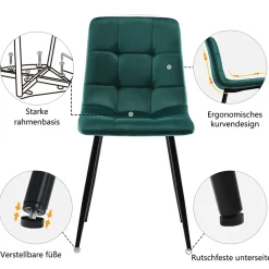 Ensemble Table et Chaises - Rectangulaire avec 4 Chaises Velours Rembourrées, MDF Métal, Vert, 117x68x75 cm