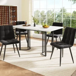 Ensemble table et chaises 140x80x75,5 cm avec 4 chaises velours, table extensible 140 à 179,5 cm métal