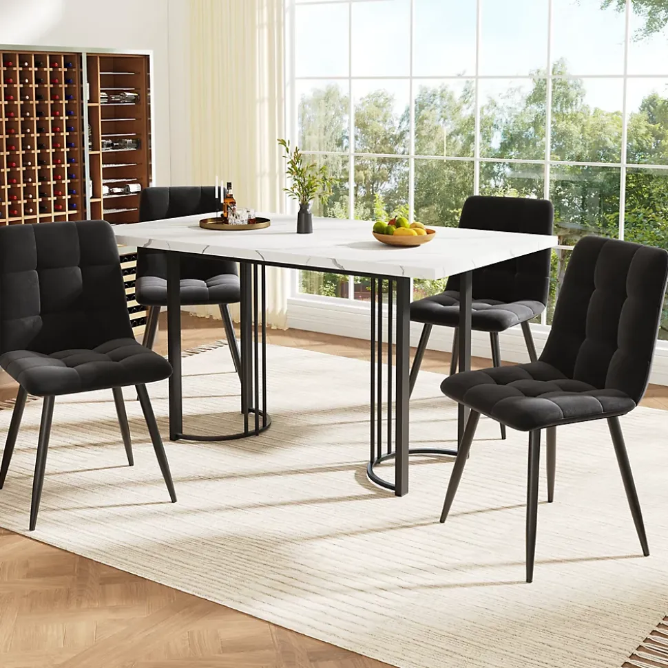 Ensemble table et chaises 140x80x75,5 cm avec 4 chaises velours, table extensible 140 à 179,5 cm métal