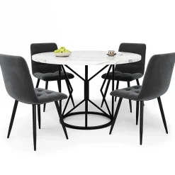 Ensemble table et chaises 100x100x76 cm avec 4 chaises velours, table carrée MDF effet marbre et pieds métal