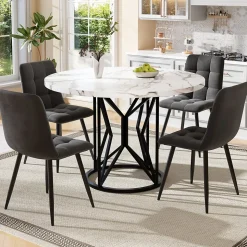 Ensemble table et chaises 100x100x76 cm avec 4 chaises velours, table carrée MDF effet marbre et pieds métal