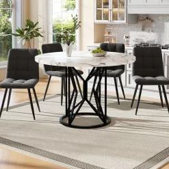 Ensemble table et chaises 100x100x76 cm avec 4 chaises velours, table carrée MDF effet marbre et pieds métal