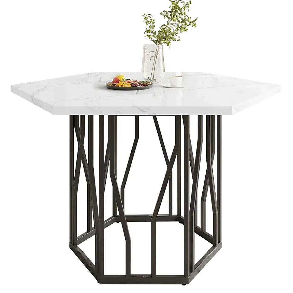 Ensemble table et chaises 115,5x100x75 cm hexagonale effet marbre avec 4 chaises velours noir et pied métal