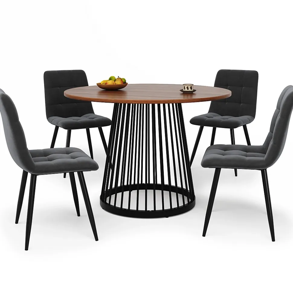 Ensemble table et chaises 80x76 cm table ronde plateau effet marbre avec 4 chaises velours et pieds métal