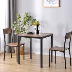 Ensemble table et chaises 70x70x75 cm avec 2 chaises, table carrée structure métal, plateau MDF-PVC marron