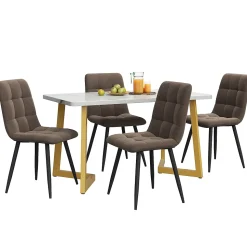 Ensemble table et chaises 117x68x75 cm avec 4 chaises en velours marron, table rectangulaire pieds métal doré