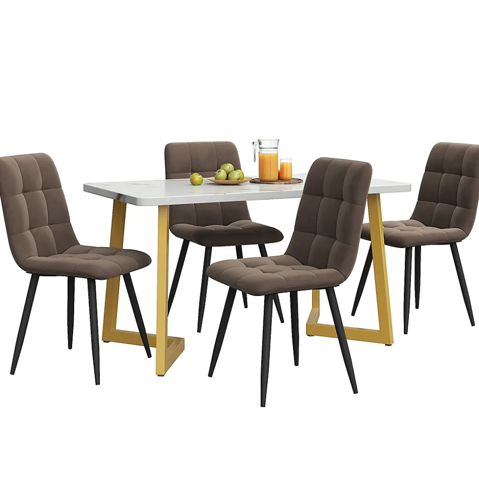 Ensemble table et chaises 117x68x75 cm avec 4 chaises en velours marron, table rectangulaire pieds métal doré