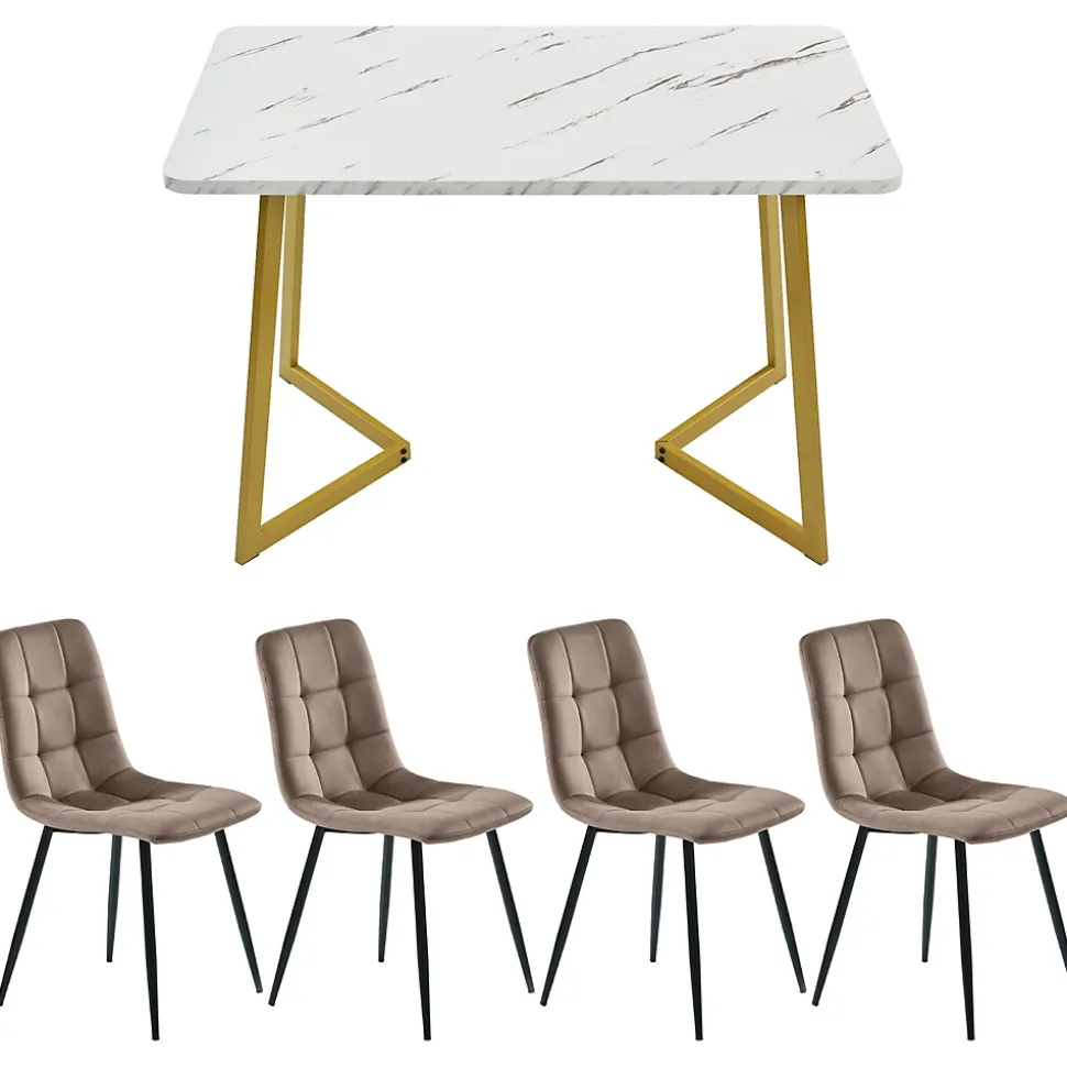 Ensemble table et chaises 117x68x75 cm avec 4 chaises en velours marron, table rectangulaire pieds métal doré