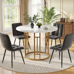 Ensemble table et chaises 80x76 cm avec 4 chaises velours, table ronde effet marbre, pieds métal doré